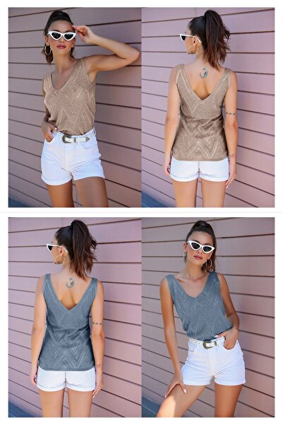 AQE FASHION Bluză pentru femei, față, spate, cu decolteu în V, fără mâneci, c...