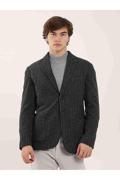 Dufy Men's Slim Fit Dark Gray Plaid Jacket - Casual Mono Collar - 97184