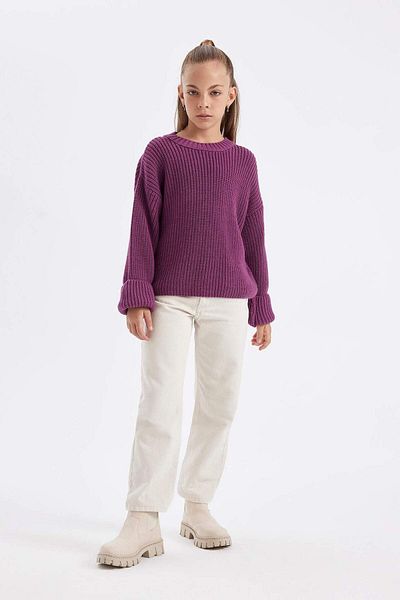 DeFacto Lila Standard-Passform-Basic-Strickpullover mit Rundhalsausschnitt für Mädchen C6909a824au