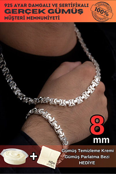 OSMANLI GÜMÜŞ Erkek Gümüş Kolye Bileklik Set - 8mm Parlak Euro Kral Kolye Bil...