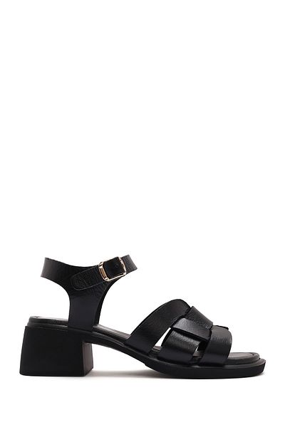 Derimod Women's Black Ankle Buckle Short Thick Heeled Leather Sandals 25Sfd130918