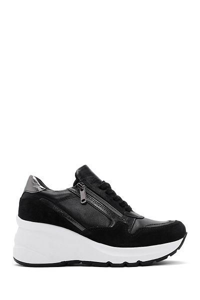 Derimod Women's Black Lace-Up Zipper Detailed Wedge Heeled Leather Sneaker 25Afd370514