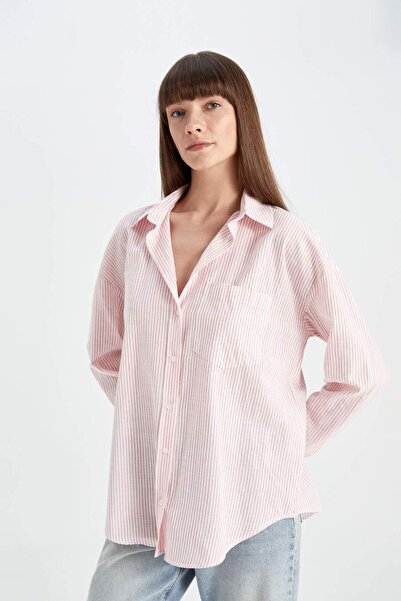 DeFacto Oversize Wide Fit Striped Linen Look Long Sleeve Shirt D2947Ax24Sm