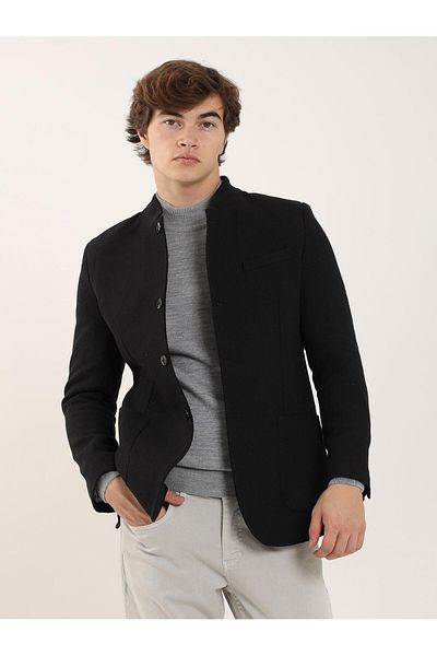 Dufy Black Men's Slim Fit Herringbone Patterned Mono Collar Jacket - 91215