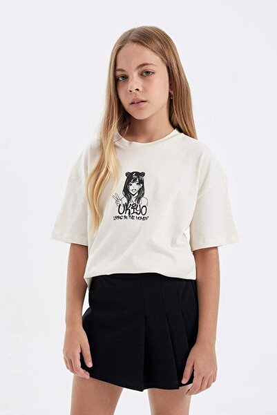 DeFacto Girls' 2-Piece Set Printed Short-Sleeved T-Shirt Top Shorts Skirt Bottom D4759A824Hs