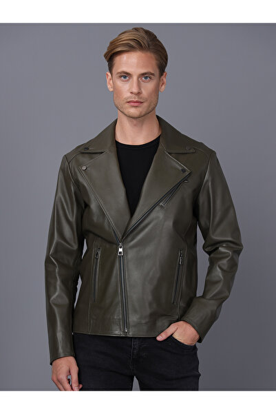 Basics&More Men's Biker Khaki Leather Jacket - E2021