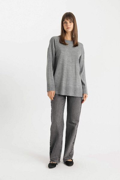 DeFacto Regular Fit Rundhals-Yoke Mit Schlitz Basic Oversize Strickpullover Tunika C5165AX24AU