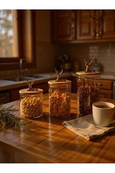 Yenigeldi 3 Adet (600ml+750ml+1000ml) Kehribar Renkli Cam Kavanoz Geyik Başlıklı