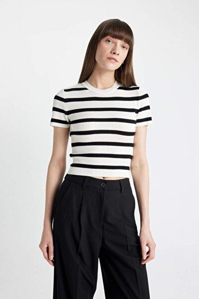 DeFacto Crop Bisiklet Yaka Çizgili Kısa Kollu Triko Kazak C8743AX24AU