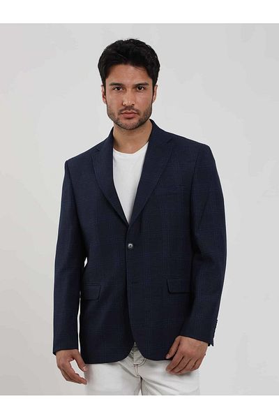 Dufy Men's Navy Blue Plaid Patterned Regular Fit Mono Collar Jacket - 84334