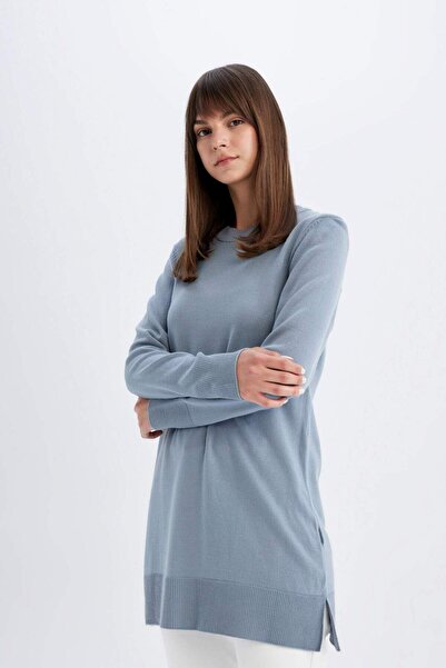 DeFacto Regular Fit Bisiklet Yaka Yırtmaçlı Basic Düz Triko Kazak Tunik H3431AZ24AU