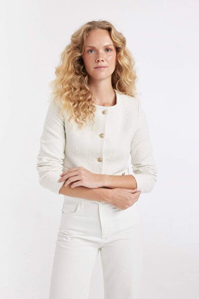 DeFacto Regular Fit Bisiklet Yaka Tweed Düğmeli Crop Blazer Ceket D3910AX24AU