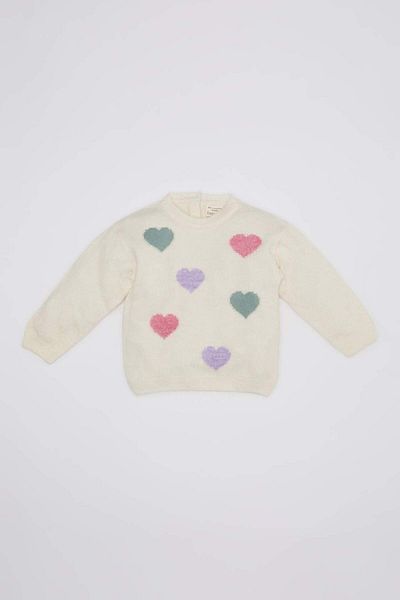 DeFacto Pulover pentru fetiță, ecru, cu decolteu, cu model de inimă, tricotaj C8915A524WN