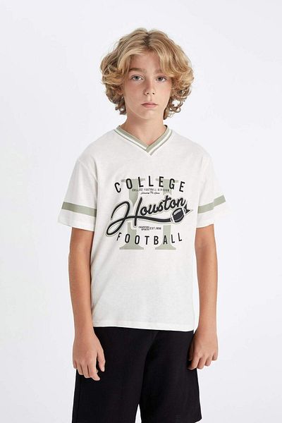 DeFacto Boy's V-Neck Text Printed Short Sleeve T-Shirt C7225A824Au
