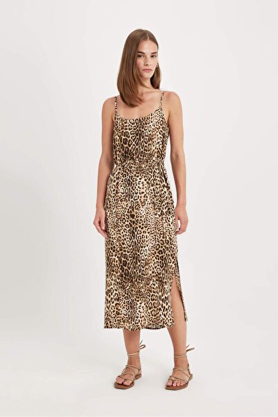 DeFacto Yuvarlak Yaka Leopar Desenli Maroken Askılı Midi Elbise D1793AX24HS