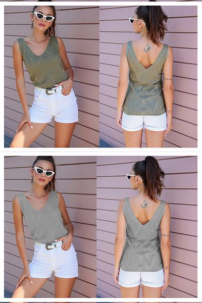 AQE FASHION Women's Front Back V-Neck Sleeveless Strap Glitter Detailed 2-Pack Blouse KHAKI-GRAY