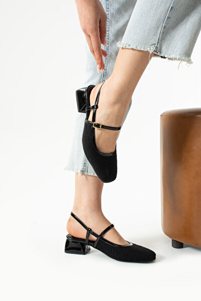 Pretty Girl Women's Black Color Blunt Toe Belt Detail Short Heeled Women's Ba...