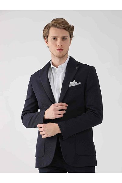 Dufy Navy Blue Men's Slim Fit Dobby Mono Collar Jacket - 95392