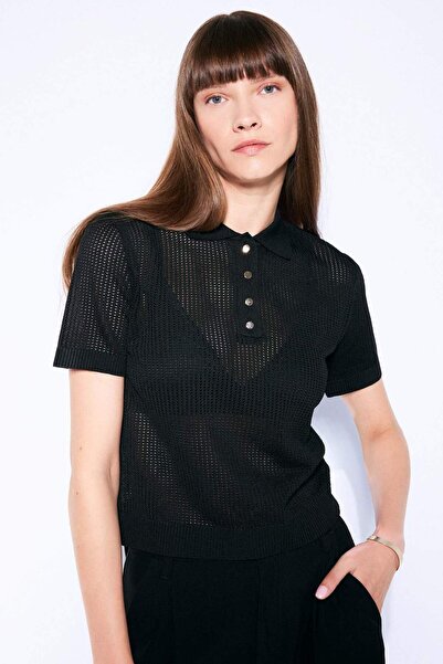 DeFacto Regular Fit Ajurlu Polo Yaka Kısa Kollu Siyah Triko Kazak D4161AX24AU