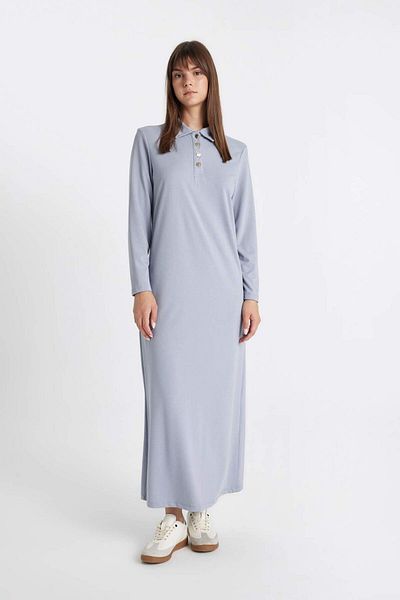 DeFacto Reguläre Passform, Polokragen, lange Ärmel, Piqué-Maxi-Basic, einfarbiges Kleid D1404AX24AU