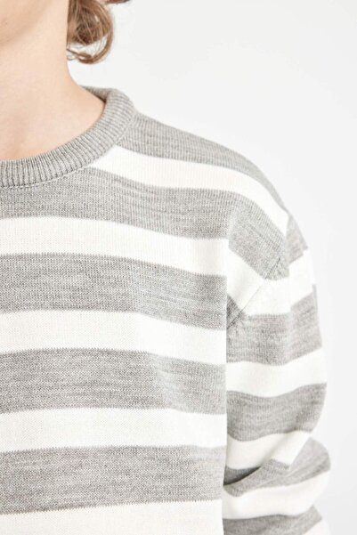 DeFacto Pulover pentru băiat, gri, cu gâtul turnat, tricotaj cu dungi C9656A824AU