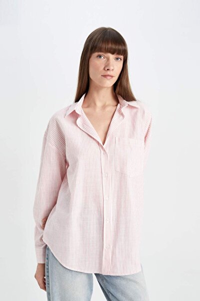 DeFacto Oversize Wide Fit Striped Linen Look Long Sleeve Shirt D2947Ax24Sm