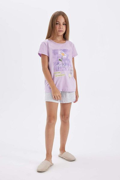 DeFacto Set pijamale cu mânecă scurtă imprimat pentru fete cu pantaloni scurți D2067A824SM