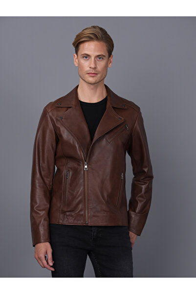 Basics&More Erkek Biker Kestane Deri Ceket - E2021