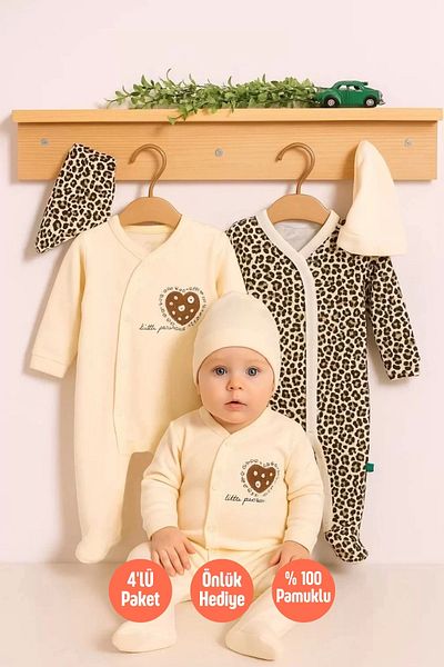 Babydonat طقم بذلة للفتيات الصغيرات مصنوع من القطن بنسبة 100% بنقشة الفهد مكون من 4 قطع