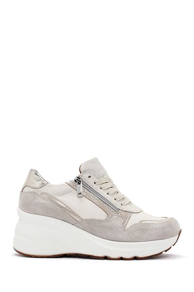 Derimod Women's Beige Lace-Up Zipper Detailed Wedge Heeled Leather Sneaker 25Afd370514