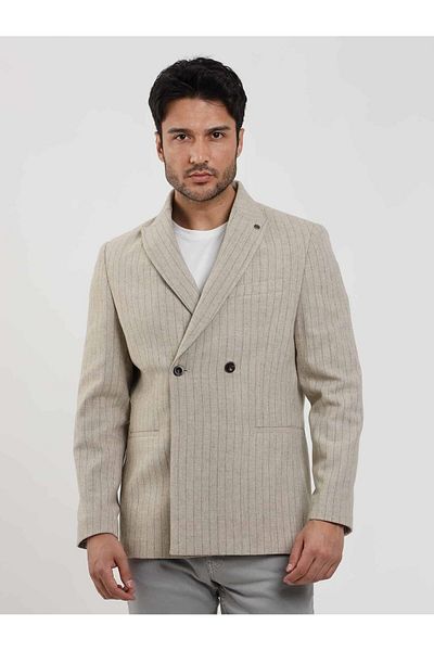 Dufy Beige Men's Striped Regular Fit Classic Pointed Collar Jacket - 97226