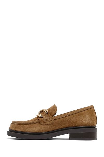 Derimod Women's Tan Buckle Suede Leather Masculine Loafer 25Afd183810