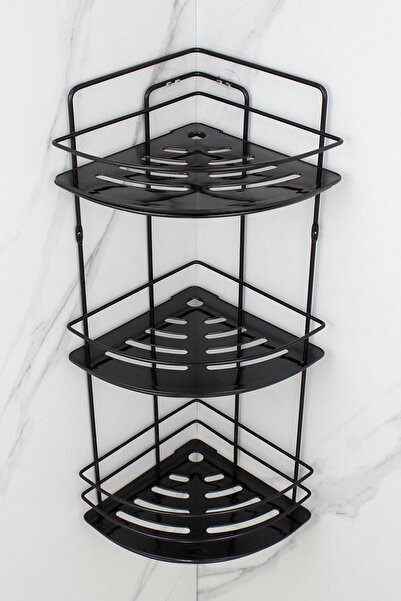 HIMYHOME رف شامبو أسود ثلاثي الأسلاك مع رف كريستالي وحامل من الفولاذ المقاوم للصدأ، رف حمام لاصق للزاوية