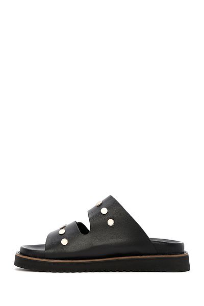 Derimod Women's Black Metal Detailed Leather Slippers 25Sfd180818