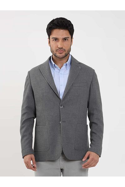 Dufy Men's Gray Slim Fit Dobby Mono Collar Jacket - 97177