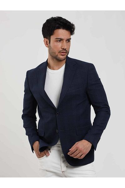 Dufy Jachetă în carouri bleumarin slim fit pentru bărbați - guler mono - 91951