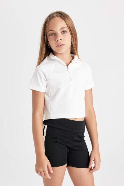 DeFacto Girls' Relax Fit Stand Collar Zipper Short Sleeve T-Shirt D3634A824Sm