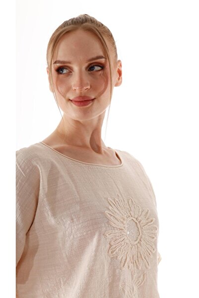 shE tekstil Bluză din in cu paiete cu flori de soare