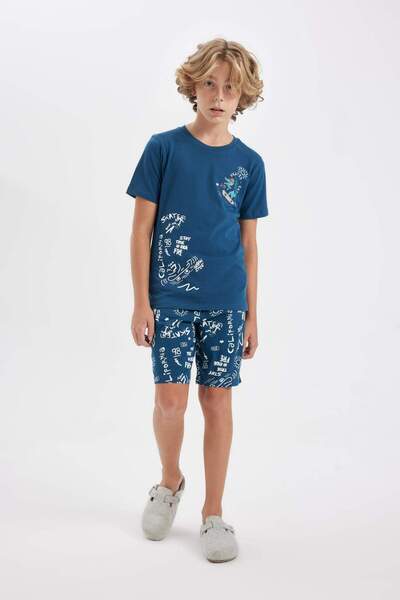 DeFacto Хлопчачий піжамний комплект з коротким рукавом та коміром-велосипедом, принт C7913A824SM