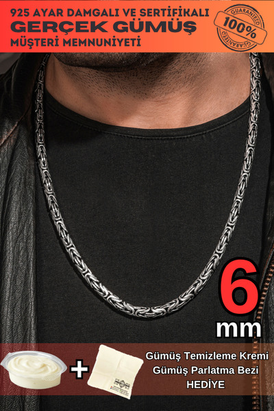 OSMANLI GÜMÜŞ 6mm Yuvarlak Kral Model 925 Ayar Erkek Gümüş Kolye Zincir 24626...