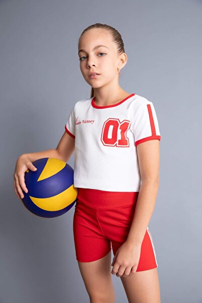 DeFacto Girls' Crop Crew Neck Printed Rib Short Sleeve T-Shirt D1624A824Hs