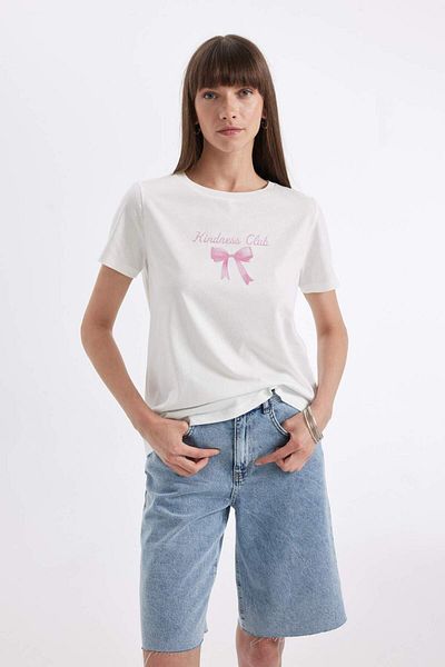 DeFacto Potištěné česané bavlněné tričko s krátkým rukávem Regular Fit Crew Neck D4333AX24HS