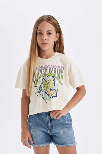DeFacto Girls' Crew Neck Printed Short Sleeve T-Shirt D0870A824Hs