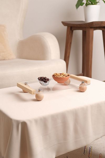 Pikas Plexiglass Transparent Decorative Tray with Wooden Ball Feet, Organizer, Presentation Rack