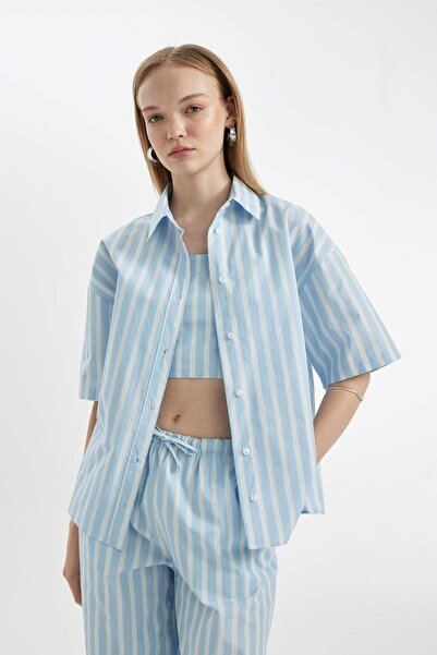 DeFacto Coool Oversize Çizgili Poplin Kısa Kollu Gömlek D3835AX24HS