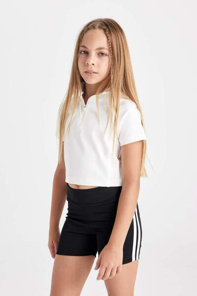 DeFacto Girls' Relax Fit Stand Collar Zipper Short Sleeve T-Shirt D3634A824Sm