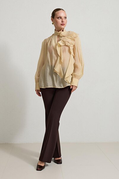 Setre Блуза з довгими рукавами, з деталями на комірі та горловині, в спокійному крої, кольору вершкового масла