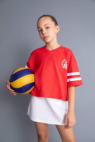 DeFacto Girls Oversize Wide Fit V-Neck Back Printed Short Sleeve T-Shirt D1625A824Hs