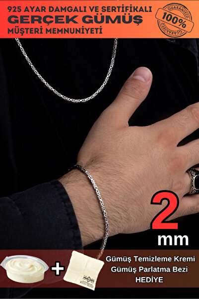 OSMANLI GÜMÜŞ Erkek Gümüş Kolye Bileklik Set - 2mm 925 Ayar Gümüş Kare Kral M...