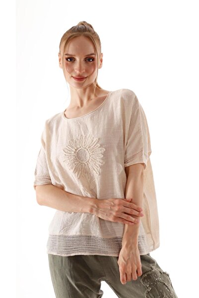 shE tekstil Bluză din in cu paiete cu flori de soare